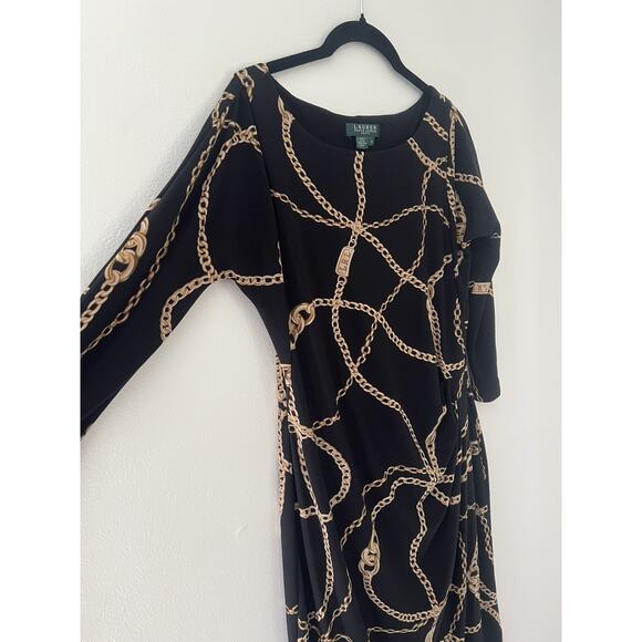 L AUREN RALPH LAUREN Black Gold Chain Link Jersey Dress Boat Neck bodycon sz 10 - Picture 11 of 11